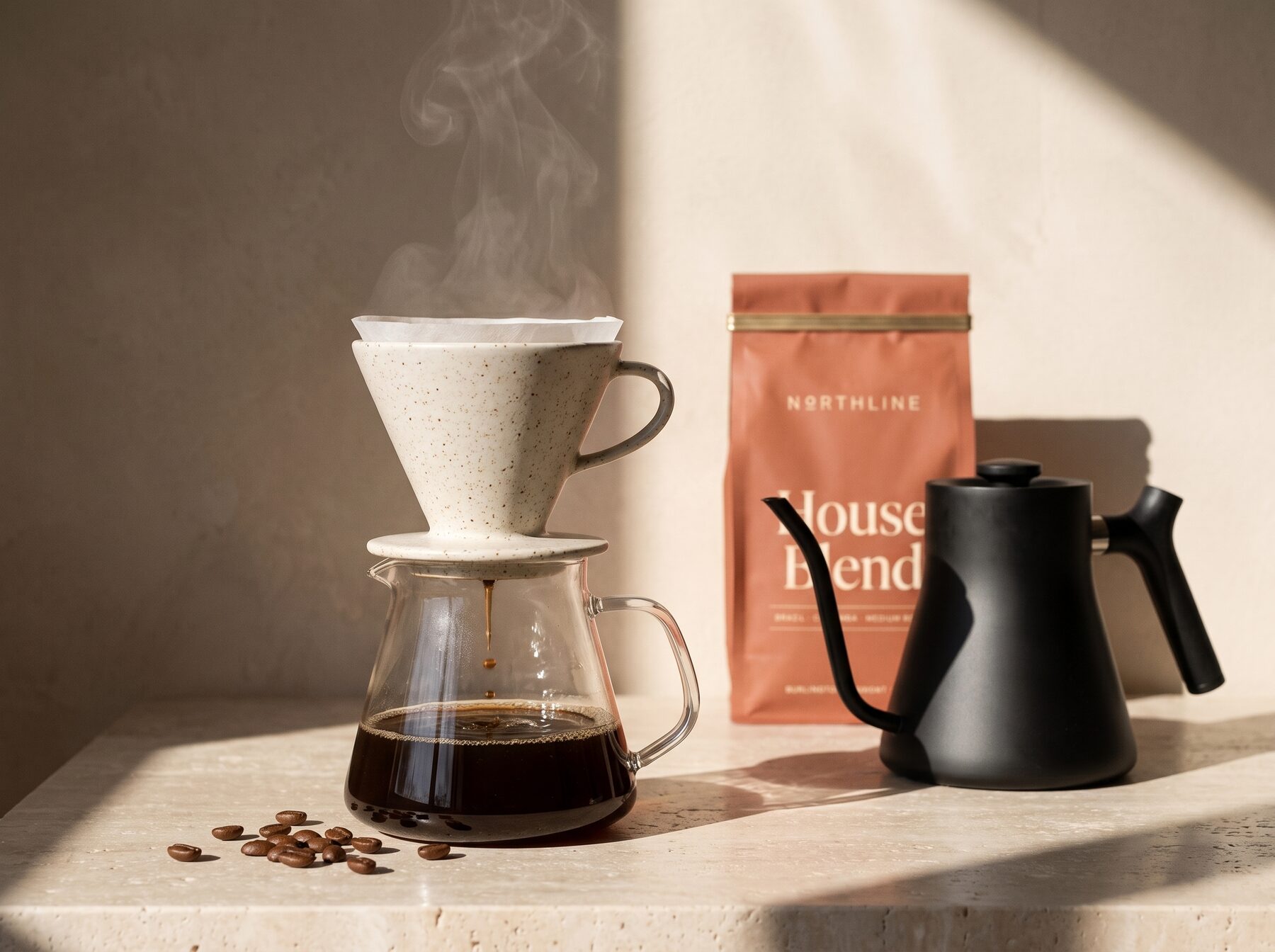 A stoneware pour-over dripping into a glass carafe beside a black kettle and a terracotta Northline bag