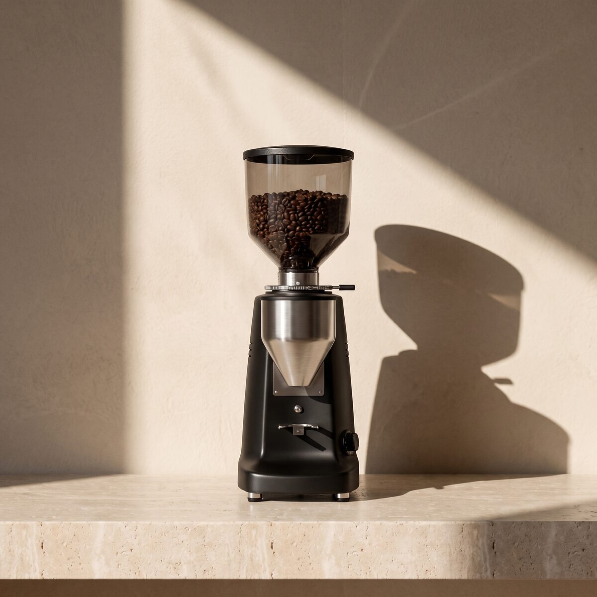 A black commercial espresso grinder with a hopper full of roasted beans on a travertine counter