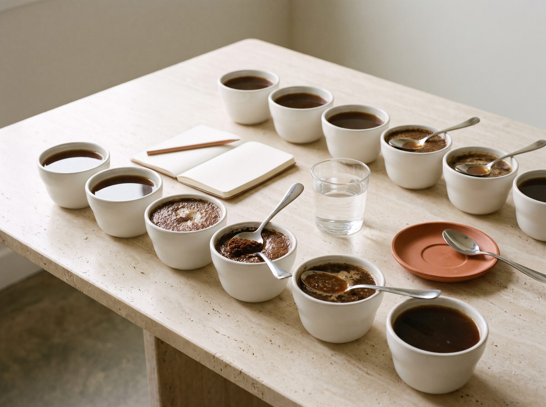 Rows of white cupping bowls with silver spoons on a travertine table