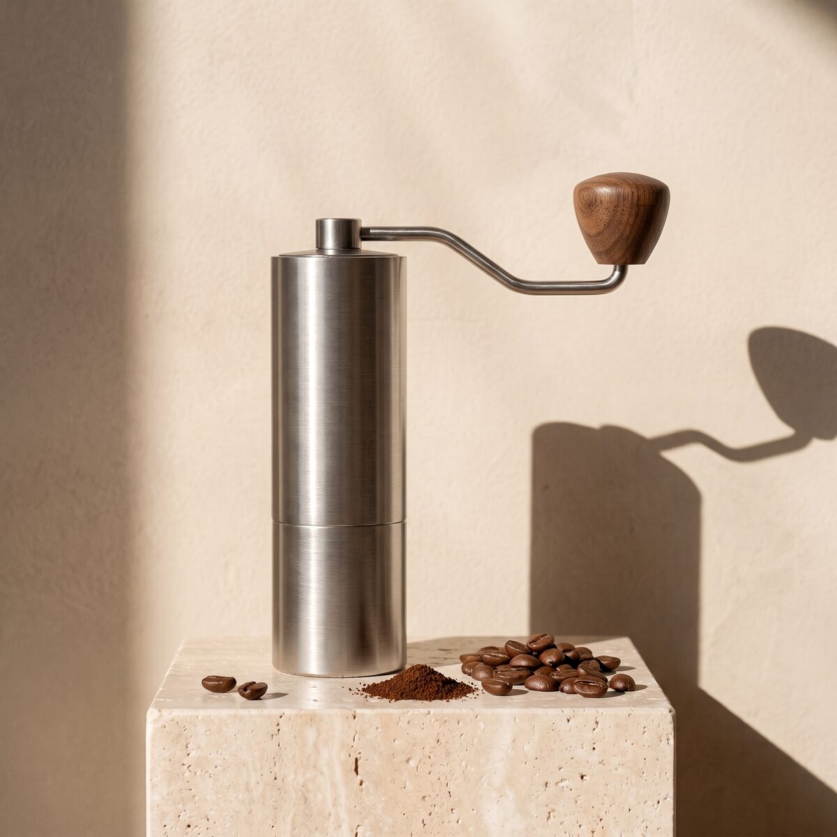 A brushed steel hand coffee grinder with a walnut knob, beside roasted beans and a pinch of grounds
