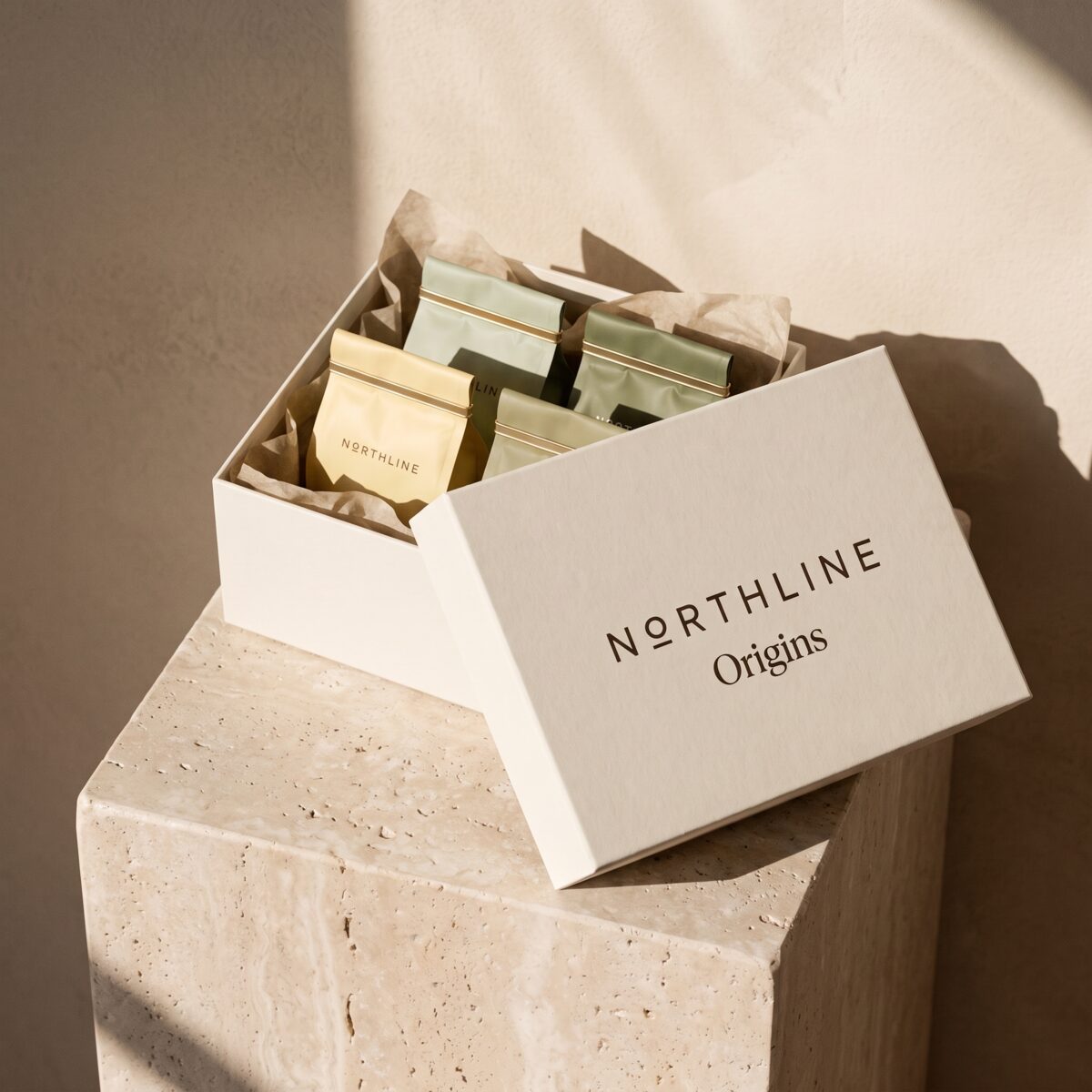 An open white Northline Origins gift box holding three small coffee pouches in yellow, sage and olive