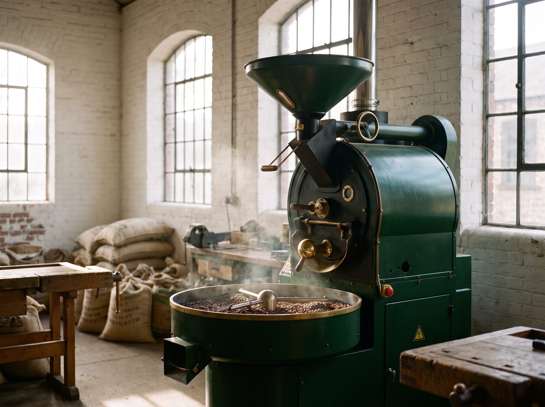 A green vintage drum roaster cooling freshly roasted beans in a whitewashed brick roastery
